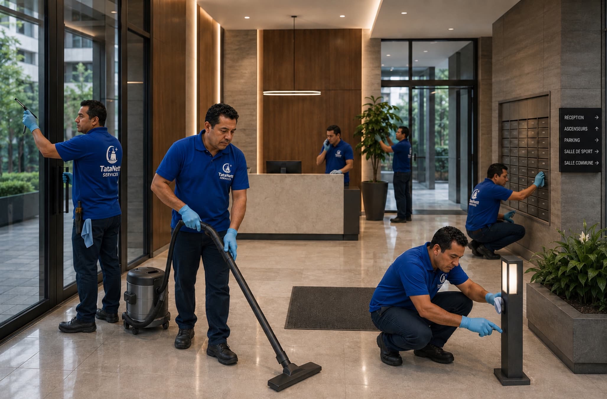 Équipe TataNett Services en intervention de nettoyage dans un hall d'immeuble à Genève
